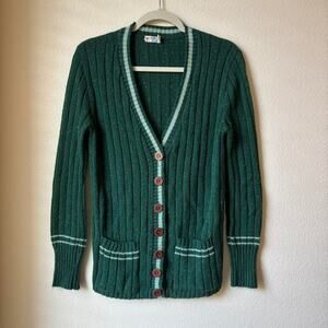 Vintage 70s Green Cardigan Sweater Preppy Academia Medium Old Money